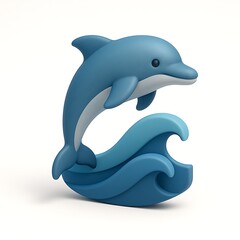 Obraz premium A stylized 3D, blue cartoon dolphin leaping playfully over a sculpted wave, set against a plain white background.