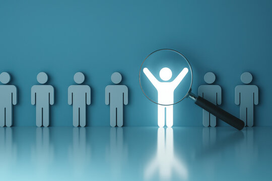 Magnifying glass highlighting a glowing human figure amidst a row of generic figures, symbolizing talent search, individual recognition, and identifying exceptional candidates.

