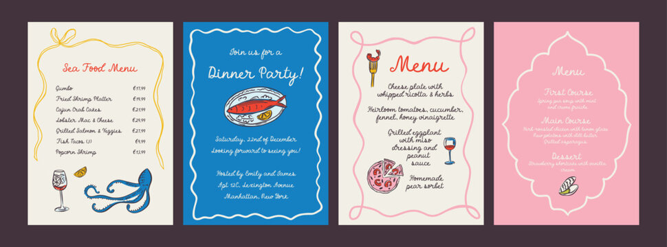 Whimsical hand drawn sea food poster and menu template in trendy whimsical style. Perfect doodle for quirky italian dinner  restaurant and cafe, kitchen wall art, poster,  party, birthday, sign