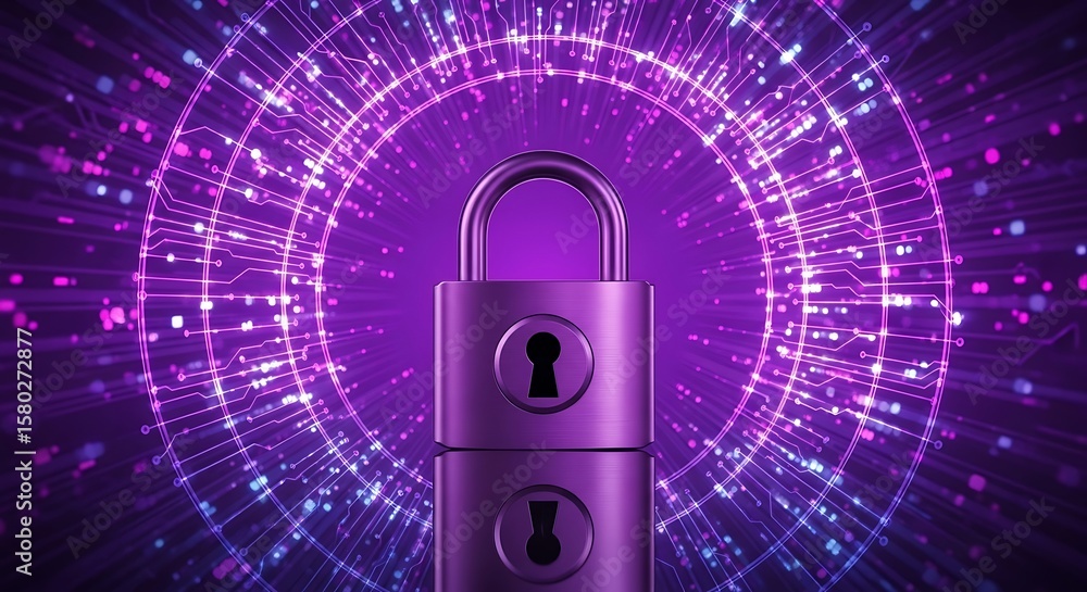 Poster cyber security concept with padlock and digital circuitry background