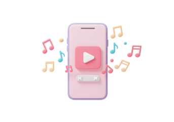 Illustration of Pink Smartphone Music Play Button and Colorful Notes 3D Render