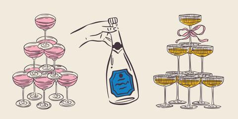 Whimsical hand drawn bar menu illustrations in trendy whimsical style. Perfect doodle for quirky italian wedding holiday, poster, dinner and bar menu, bachelorette party, birthday invitation, sign.