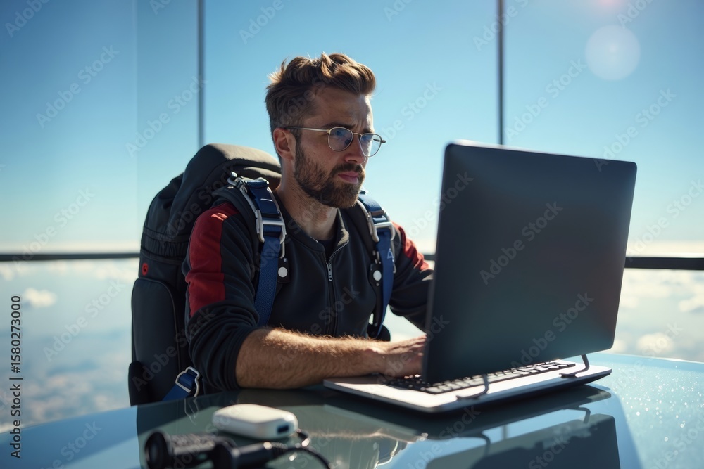 Poster skydiving man multitasking on computer