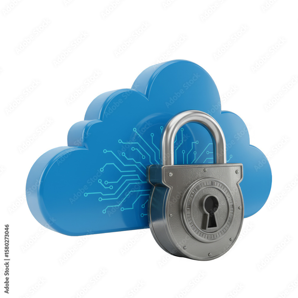 Poster padlock cloud 3d render protecting cybersecurity on transparent background