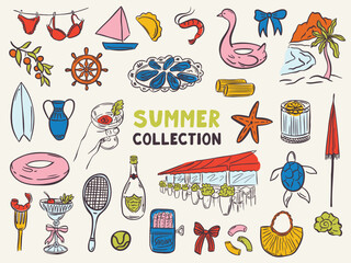 Whimsical hand drawn summer illustrations in trendy hand drawn style. Perfect doodle for quirky italian greece wedding  poster, dinner and bar menu, bachelorette party, birthday invitation, sign
