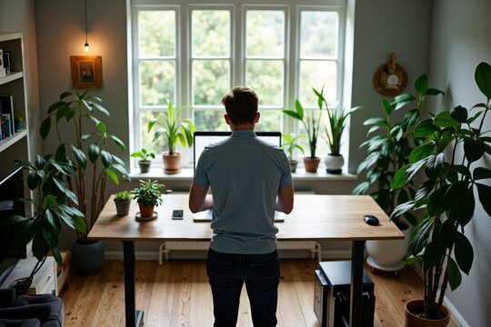 Man working at a standing desk in home office filled with greenery and natural light, promoting work-life balance. - Powered by Adobe