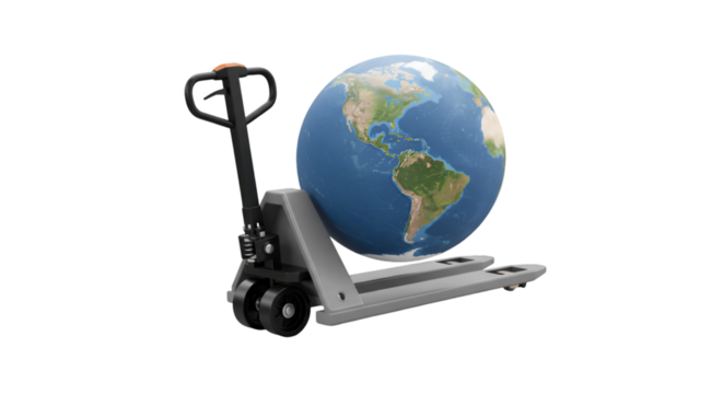 Realistic 3D Render of Earth on Gray Pallet Truck for Global Shipping