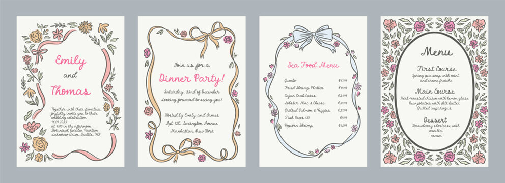 Set of spring whimsical hand-drawn pink blue orange green color frames with flowers and bows in trendy, vintage styles. Perfect for quirky holiday, wedding, birthday gift decorations