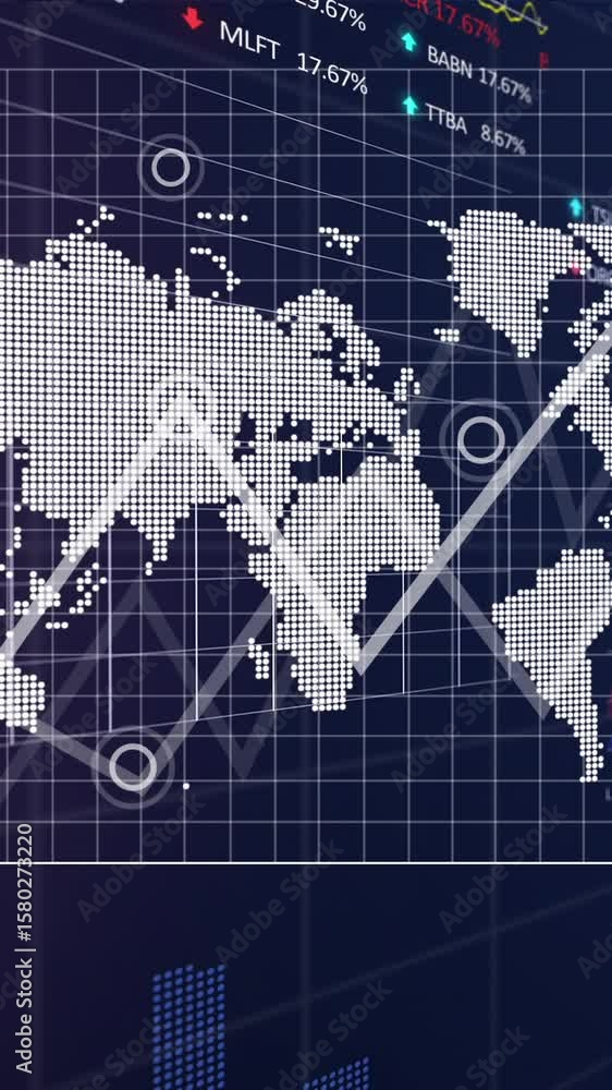 Aufkleber animation of statistical, stock market data processing and world map on purple gradient background