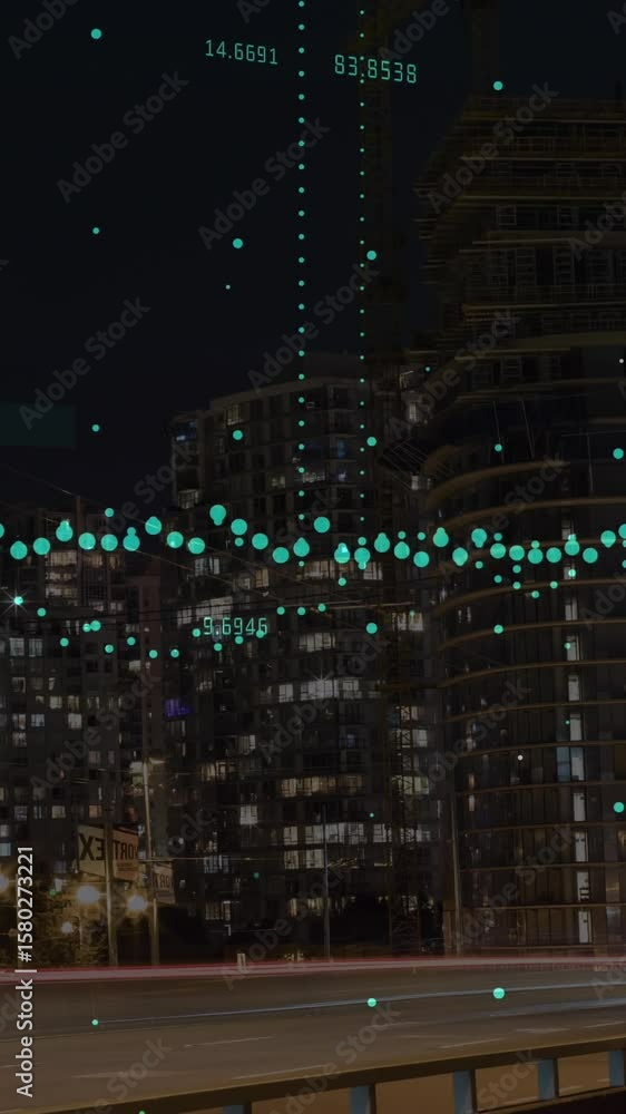 Poster animation of data processing against view of cityscape at night