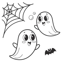 Cute Halloween coloring page featuring cartoon ghosts, bats, jack-o’-lantern pumpkins, and stars in a playful black and white line art style.