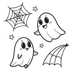 Cute Halloween coloring page featuring cartoon ghosts, bats, jack-o&rsquo;-lantern pumpkins, and stars in a playful black and white line art style.