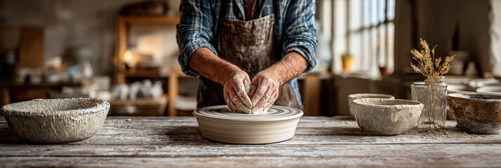 Potter making ceramic pot on wheel in workshop