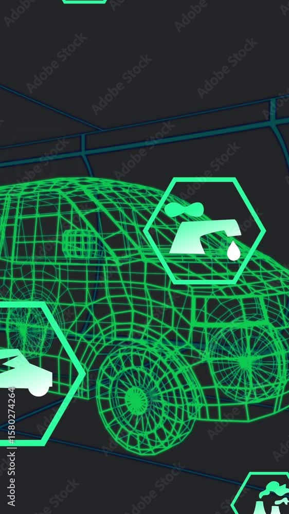 Poster animation of multiple digital icons over 3d van model moving in seamless pattern in a tunnel