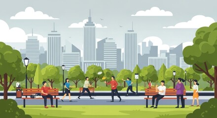 Obraz premium People enjoying a sunny day in a city park with a skyline background
