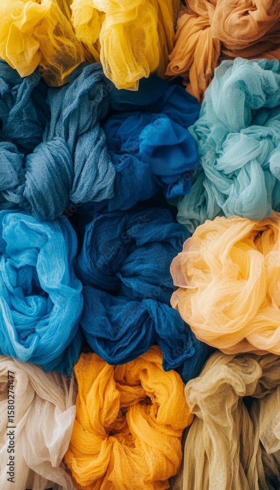 Poster vibrant cascade of colorful textiles and patterns, an abstract tapestry of textural diversity