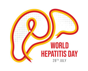 World Hepatitis Day - Red yellow ribbon sign with pin and rolling to liver shape and dot texture vector design