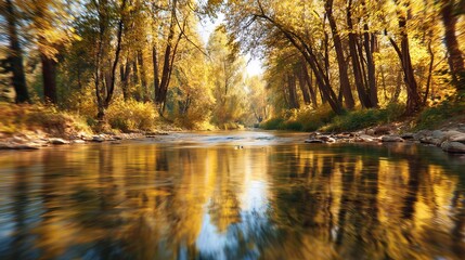 Blurred scenic forest and calm river on bright sunny autumn day