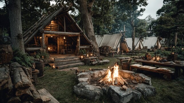 Traditional Lumberjack Camp with Tents and Stacked Logs at Night