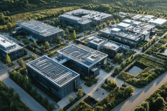 Aerial View of a Sprawling Data Center Campus in Natural Environment - Powered by Adobe