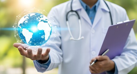 Doctor holding a glowing digital globe with a network overlay and clipboard in a natural outdoor setting