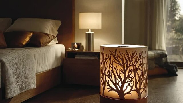 Warm bedroom lamp with etched tree design