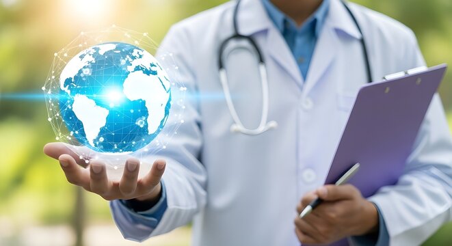 Doctor holding a glowing digital globe with a network overlay and clipboard in a natural outdoor setting