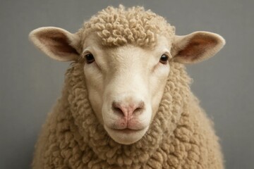 A sheep's calm demeanor against a muted gray backdrop