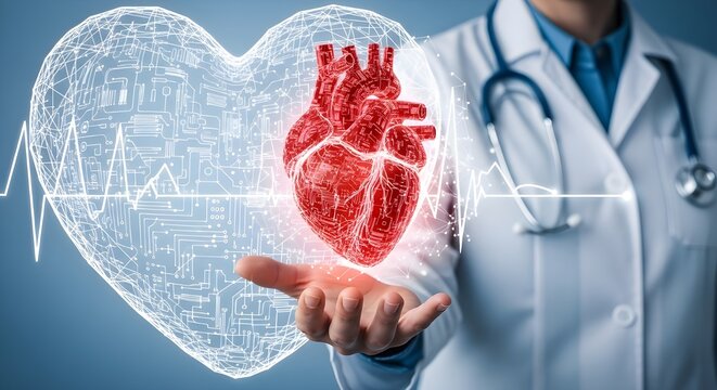 Doctor holding a glowing digital heart with a circuit board design and electrocardiogram line