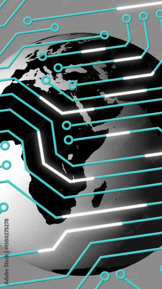 Poster animation of circuit board pattern and rotating globe over gray background