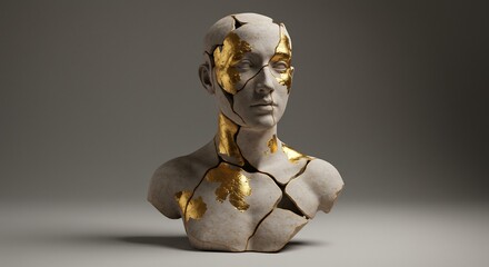 Lightcolored stone bust of a person fractured and repaired with gleaming gold Kintsugi positioned on a grey surface