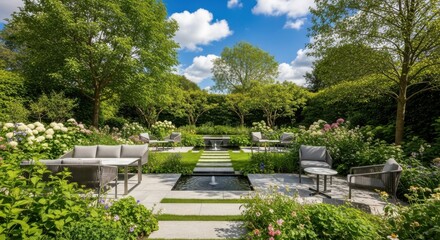 Serene Landscape Garden Design with Seating Areas and Water Features