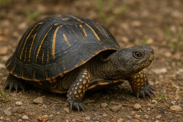 Obraz premium A solitary turtle pauses on a textured path, its gaze fixed intently ahead