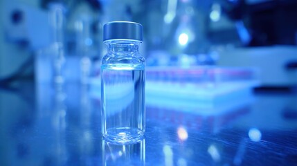 Photo of a clear glass vial filled with liquid medicine sits in a bluetoned laboratory, symbolizing pharmaceutical research and healthcare innovation