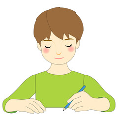 A boy wearing a green shirt and writing something with a pen