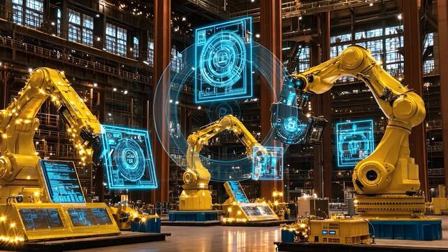 Industrial robots with holographic displays in a large factory