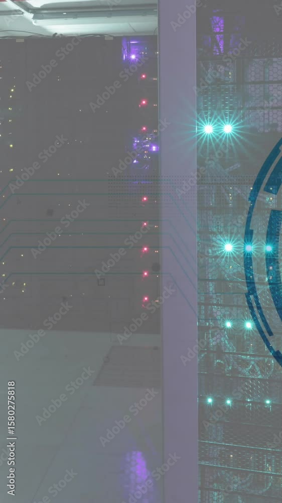 Poster animation of eye in loading circles over illuminated data server racks in server room