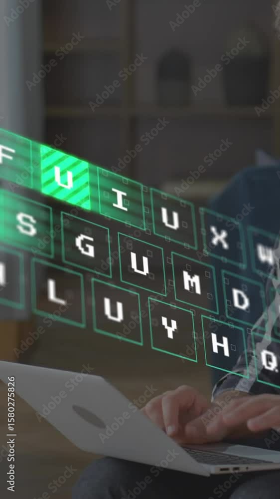 Poster animation of illuminated pattern moving on keyboard over caucasian man working on laptop