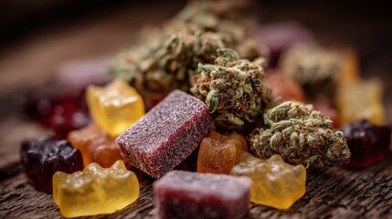 Pile of cannabis flower and gummy candy on a wood surface various colors closeup shot