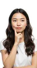 Portrait of Thoughtful Asian Woman Finger on Face Transparent Background