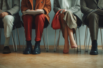Business professionals prepare for job interviews, showcasing diverse styles and postures in an office setting