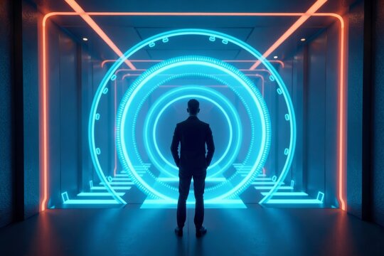 Futuristic holographic entrance portal being guarded by a security agent.