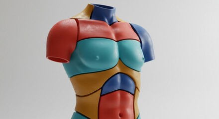 Multicolored segmented human torso sculpture on a plain background showing chest shoulders and abdomen