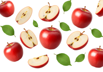 Illustration of Red Apples and Green Leaves Floating on Transparent BG