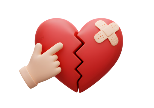 Illustration of Red Broken Heart with Band Aid and Hand in 3D