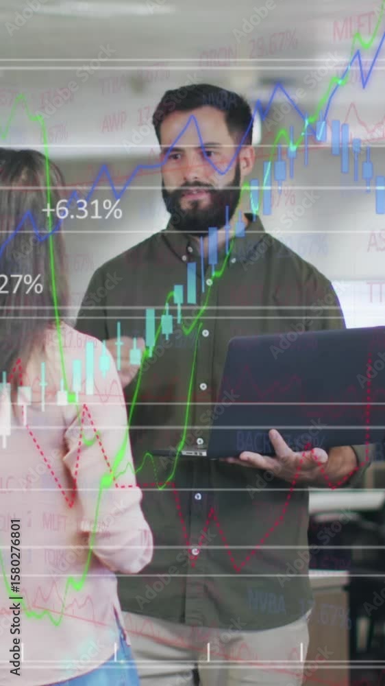 Poster animation of multiple graphs with changing numbers, caucasian coworkers sharing ideas in office