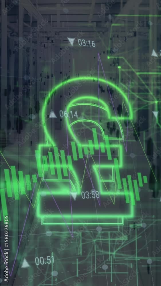 Aufkleber animation of pound symbol, green light trails and data processing against computer server room
