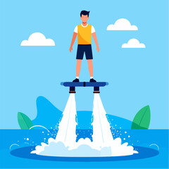 Flat vector illustration of a man flyboarding over the ocean on a sunny day with white clouds in the blue sky, showcasing summer water sport activity.