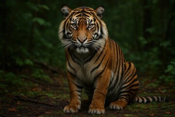 Obraz premium A majestic tiger sits in quiet contemplation amidst the verdant embrace of nature