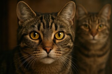 Obraz premium A Duo of Tabby Cats Gaze into the Darkness